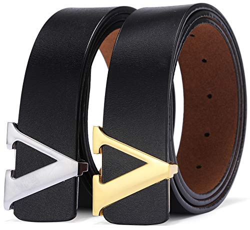 Men's Classic Gold/Silver V-Buckle Design Soft Calfskin Belt2