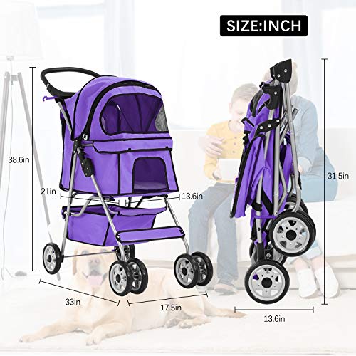 MeetPerfect 4 Wheels Travel Stroller Pet Stroller Dog Cat Pushchair Trolley Puppy Jogger Folding Carrier Carriage with… - Image 7