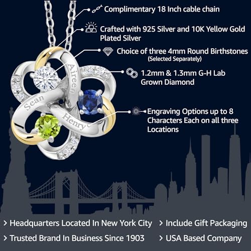 Gem Stone King Customized and Personalized 3-Stone Gemstone Birthstones Engraved 925 Sterling Silver and 10K Yellow Gold Lab Grown Diamond Pendant Necklace For Women with 18-Inch Chain2