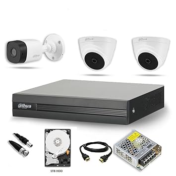 DAHUA 5MP Real 4K Wired CCTV Combo Outdoor Bullet Cameras 1 Pcs, Indoor Dome 2Pcs, 4CH DVR, 90MT Co-Axial Cable, 4CH Power Supply, 1TB HDD, with Pluscam HDMI Cable & BNC, DC (2DOME1BULLET)