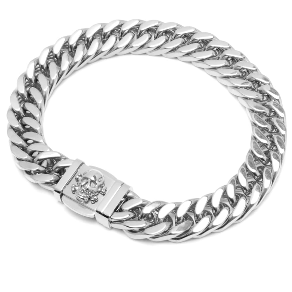 Biker-Schmuckset Halskette + Armband mit Totenkopf aus massivem Edelstahl silber poliert Männerschmuck Geschenk