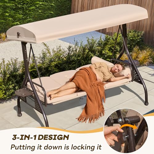Image of 3 in 1 Outdoor Porch Swing with Adjustable Canopy, 3 Seat Outdoor Swing for Adults, Patio Swing Chair with Thickened Cushions,Pillows & Cup Holders for Backyard, Porch, Garden (Beige)