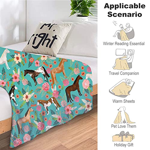 Horse Print Throw Blanket Horses And Flowers Pattern Blanket For Girls Kids Adults Super Warm Soft Cozy Plush Fleece Flannel Blanket For Sofa Couch Bed Birthday Gifts 40"X50" #TOP4