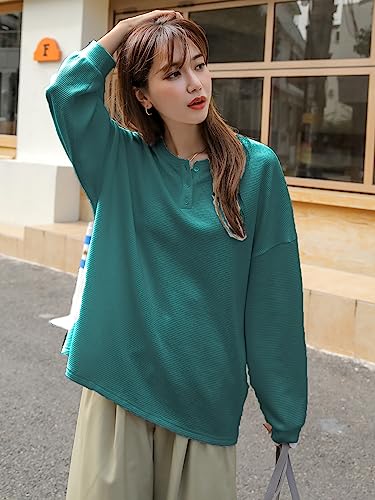 Image of Women's Waffle Button Down Neck Korean Tops for Women || Oversized t Shirts for Women || Long Sleeve Tops