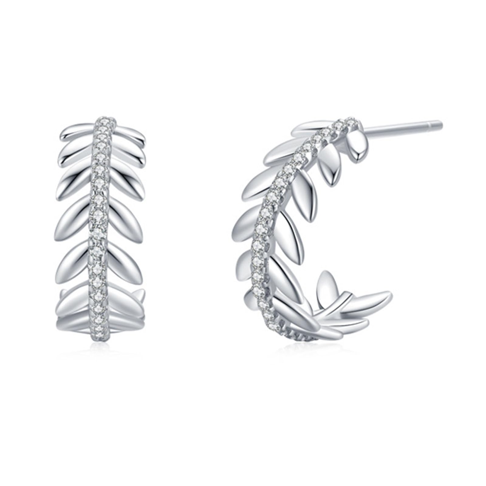 Pendientes de tuerca de oro blanco de 9 quilates, 14 quilates, 18 quilates, para mujer, hojas con diamante, sin níquel, para dama de honor