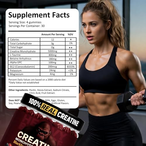 Image of Creatine Monohydrate Gummies 5g Sugar Free Creatine with Vitamin B12 and L-Taurine | Muscle Growth for Men and Women | Low Calorie Formula 120 Gummies for 30 Servings, Mixed Berry