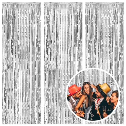 3 Pack Silver Foil Fringe Backdrop Curtains Party Streamers Metallic Tinsel Birthday Backdrop Christmas Bachelorette New Year Engagement Graduation Disco Party Decorations Glitter Backdrop