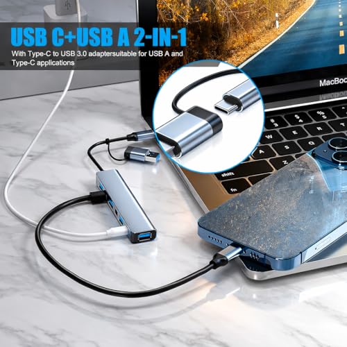 Image of Primate 8-in-1 USB-C Hub with Dual USB & Type-C Connectors, AUX Port, USB 3.0 /2.0, SD & microSD Card Reader, Data Transfer Adapter for Laptop, MacBook & PC