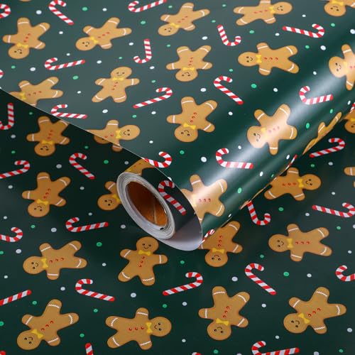 Miss DuiDui Christmas Wrapping Paper Rolls Dark Green 17 inch x 32.8 feet Gingerbread Candy Canes Xmas Design for Christmas New Year Birthday Party Holiday