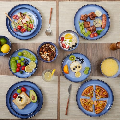 Image of Pokini Blue Stoneware Dinnerware Set, 12 pcs Reactive Glaze Plates and Bowls Sets, Handmade Round Dishes Set for 4, Highly Chip and Crack Resistant Modern Plate Set