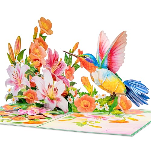 Image of POPWOW Trumpet Vine Hummingbird Pop Up Card, 3D Popup Greeting Card, Gift For Mothers Day, Birthday, Valentines Day, Anniversary, Mom, Wife, Grandma, Her, 5x7 - Includes Envelope And Message Note