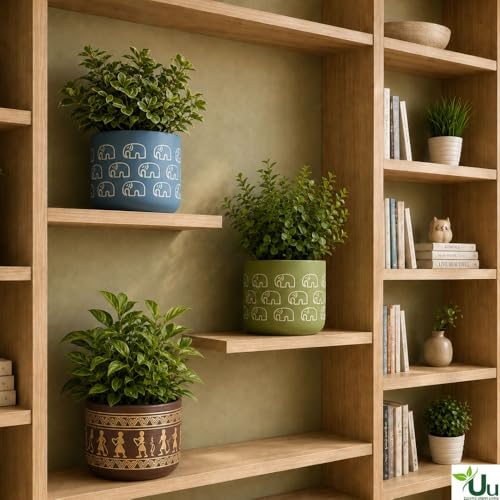 Image of Urban Upvan Elephant Printed Blue Terracotta Wall Planter - Premium Decorative Planter for Indoor & Outdoor Plants, Modern Elegant Flower Pot for Home, Garden & Office