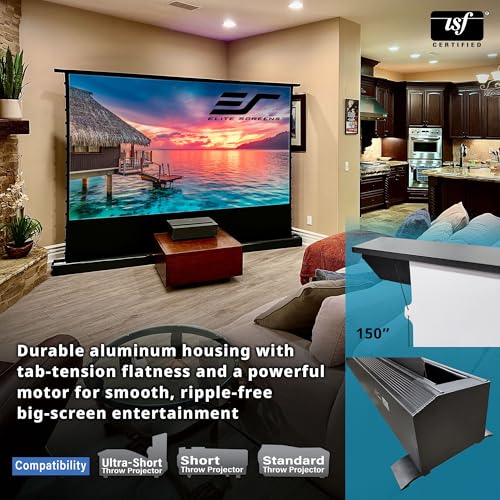 Image of Elite Screens Kestrel Tab-Tension 3 140 inch 16:9 Floor Rising Projector Screen | Motorized Electric CineWhite 1.1 Gain 4K /8K UHD UST /Short Throw Front Projection Screen, RF /IR Remote, FTE140H3