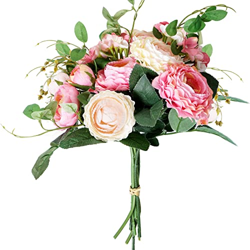 7 Pcs Artificial Flowers Pink Roses, Fake Flowers for Wedding Decoration, Outdoor Bride Bouquet Silk Plastic Flowers Home Decoration faux flowers, DIY Fake Plants, silk flowers for Vase Decorative