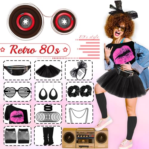 80s Costume Outfits Accessories Set for Girls, 1980s Fancy Dress Party Kits with T-shirt Tutu Bumbag Headband Earring Necklace Fishnet Gloves Leg Warmers Glasses Bracelet Scrunchies for Women Dress up - Image 4