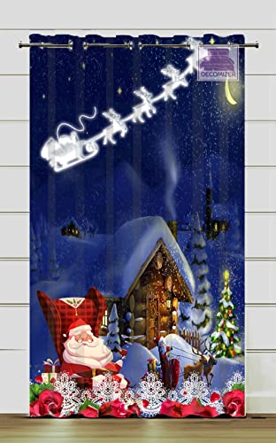 DECOMIZER Christmas Curtains for Living Room 1 Piece | 7Ft Navy Santa Festive Themed Drapes | 3D Digital Printed Xmas Decoration Door Curtain for Kids Room | 4x7 Feet