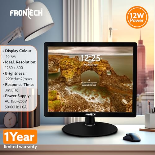Image of FRONTECH 15.4 Inch HD LED Monitor | Refresh Rate 60 Hz,1280 x 800 Pixels | Wall Mountable Slim Stylish Design with 16.7M Colors | HDMI & VGA Ports, Built-in Power Supply (MON-0068,Black)