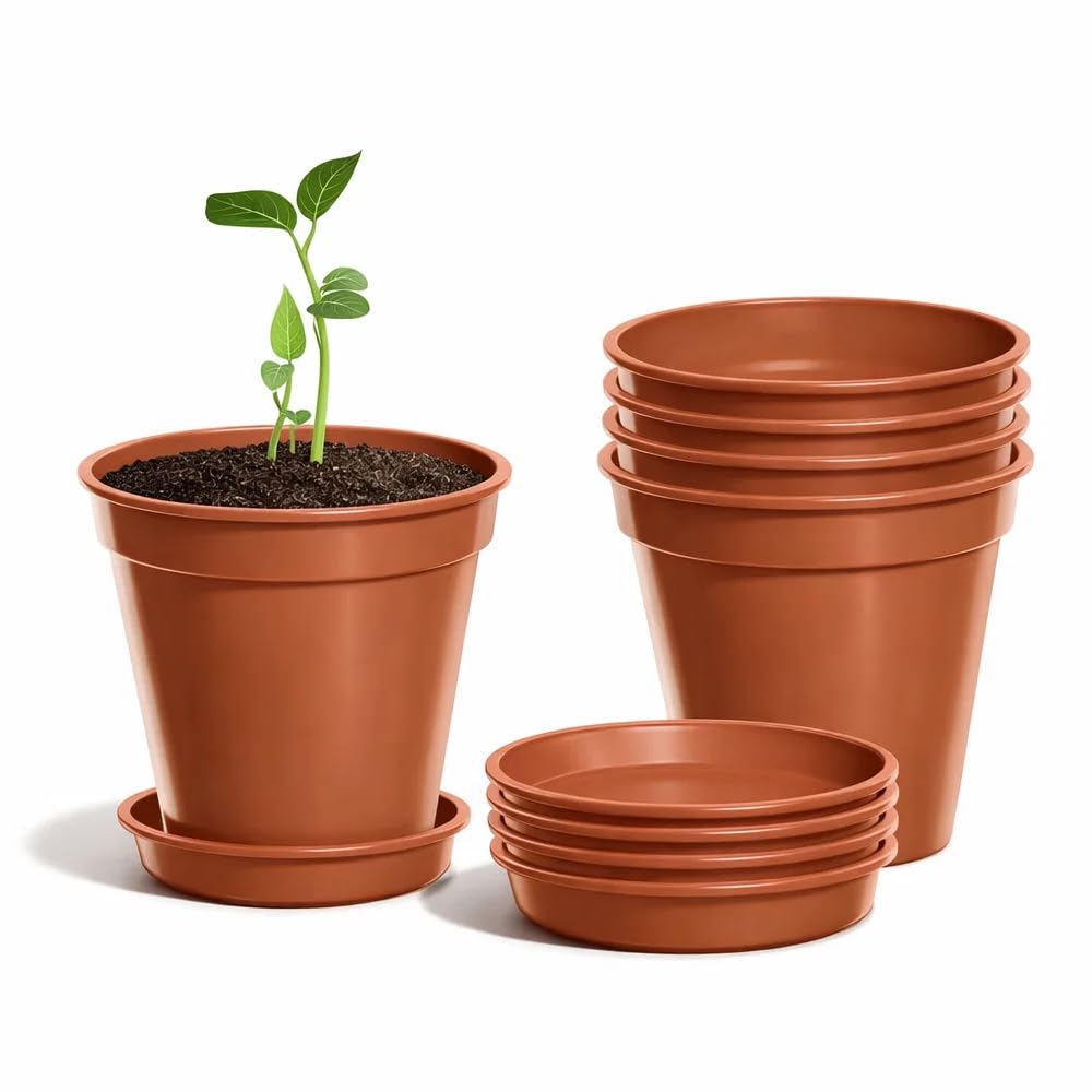 Zopper Terracotta Plant Pots With Saucers Set - 5 Pots & 5 Saucers Plastic Nursery 12.7 Cm/5" Grow Pots Drainage Holes Seed Starting Propagation Seedlings Cuttings Herbs Indoor Outdoor Garden Planters