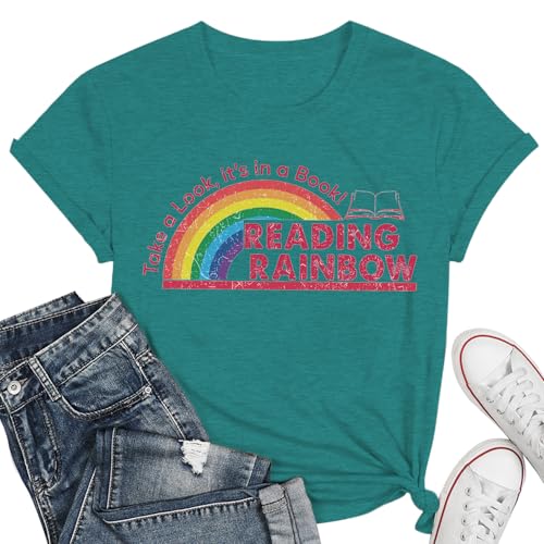 Image of Take a Look It's in a Book Shirt for Women Funny Reading Rainbow Graphic T Shirt Book Lover Gift Tee Tops