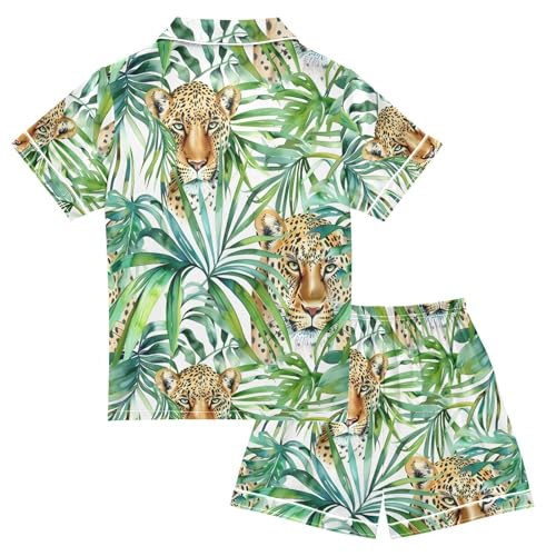 ALAZA Watercolor Tropical Palm Leaves Leopard Pajamas Satin Pajama Set Short Sleeve Button Down Sleepwear2