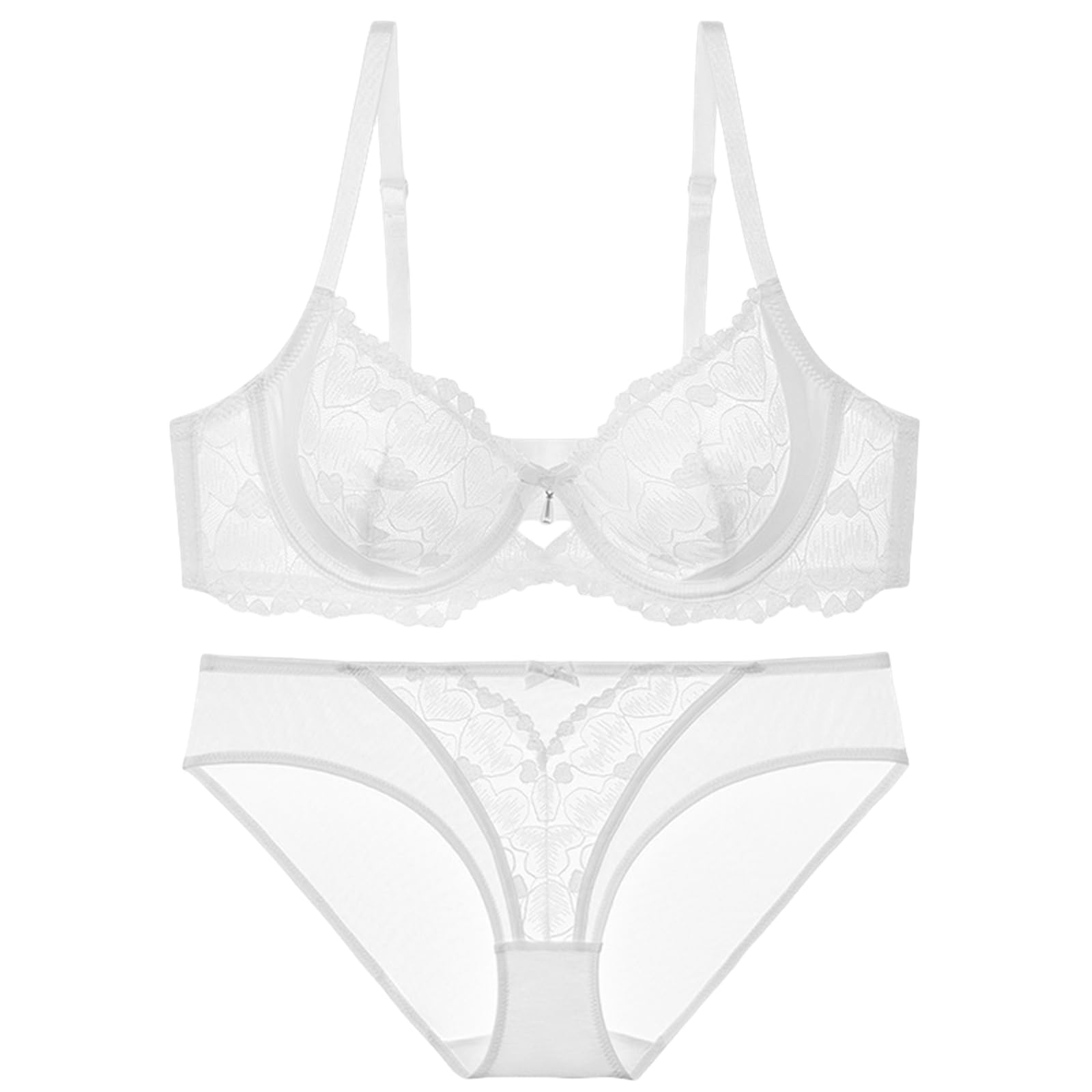 RFAGDS See Through Sexy Lace Ultra-Thin Bra Set Plus Size Unlined Mesh Underwire Push Up Bras Panties Set for Women (White,40B)