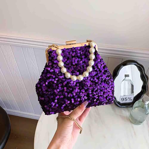 Women's Sparkly Shiny Sequin Shell Crossbody Bag, Glitter Beaded Pearl Top Handle Handbag, Bling Shoulder Purse for Party2