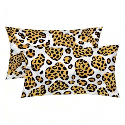 Funda Almohada 30x50 Pack 2, Funda Almohada Seda Amarillo, Rectangular Silk Pillowcase Decorativos, Suave y Fresca para Dormir, Fundas Cojin Estampado Leopardo Impresión a Doble Cara, Regalo -3044