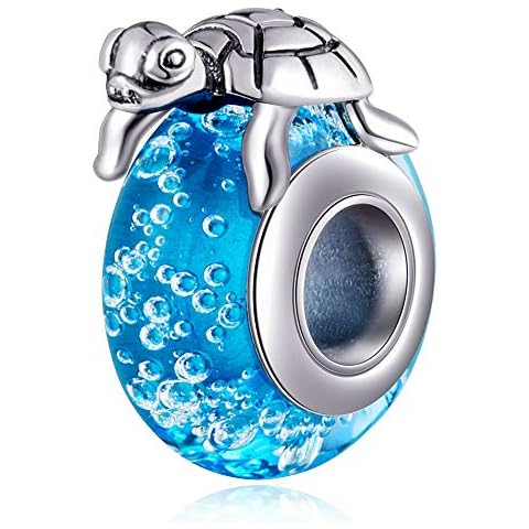 Sambaah Turtle Charm Sterling Silver Green Sea Tortoise Charm Blue Murano Glass Charm Bead Lucky Turtle Charm for Bracelets Cover