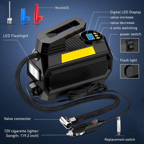 LONLEEYU Tire Inflator, Portable Air Compressor Pump for Car Tires, 12V DC Auto Tire Pump with Digital Pressure Gauge, Up to 150PSI with Emergency LED Light for Bicycle, Balloons