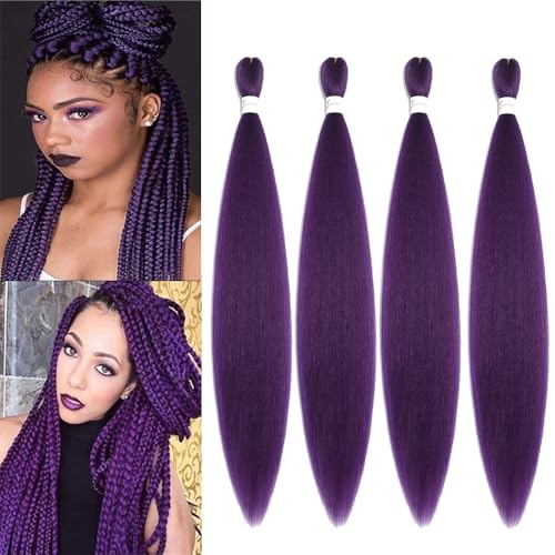 YUKAYULA 4 Packs/Lot 27 Inch Pre-Stretched Braiding Hair Extensions Hot Water Setting Yaki Texture Synthetic braids hair For Women Dark Purple 50g/Pack (A34)