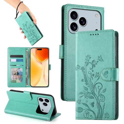 Coque iPhone 15 Pro portefeuille cuir vert anti-choc motif papillon