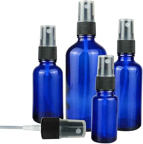 Miniatura 8 de Botellas rociadoras de vidrio para aceites esenciales, paquete de 5 botellas de spray de aceite esencial azul, botellas de vidrio pequeñas de viaje