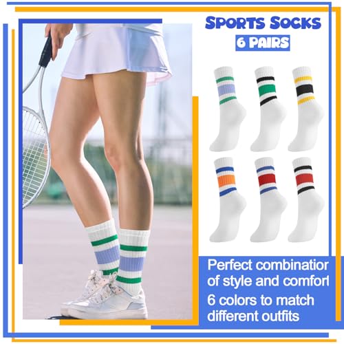 Image of Jspupifip 6 Pair Retro Striped Socks for Women Vintage Crew Soft Comfortable Fashionable Casual Vintage Crew Calf Tube Sock (White)