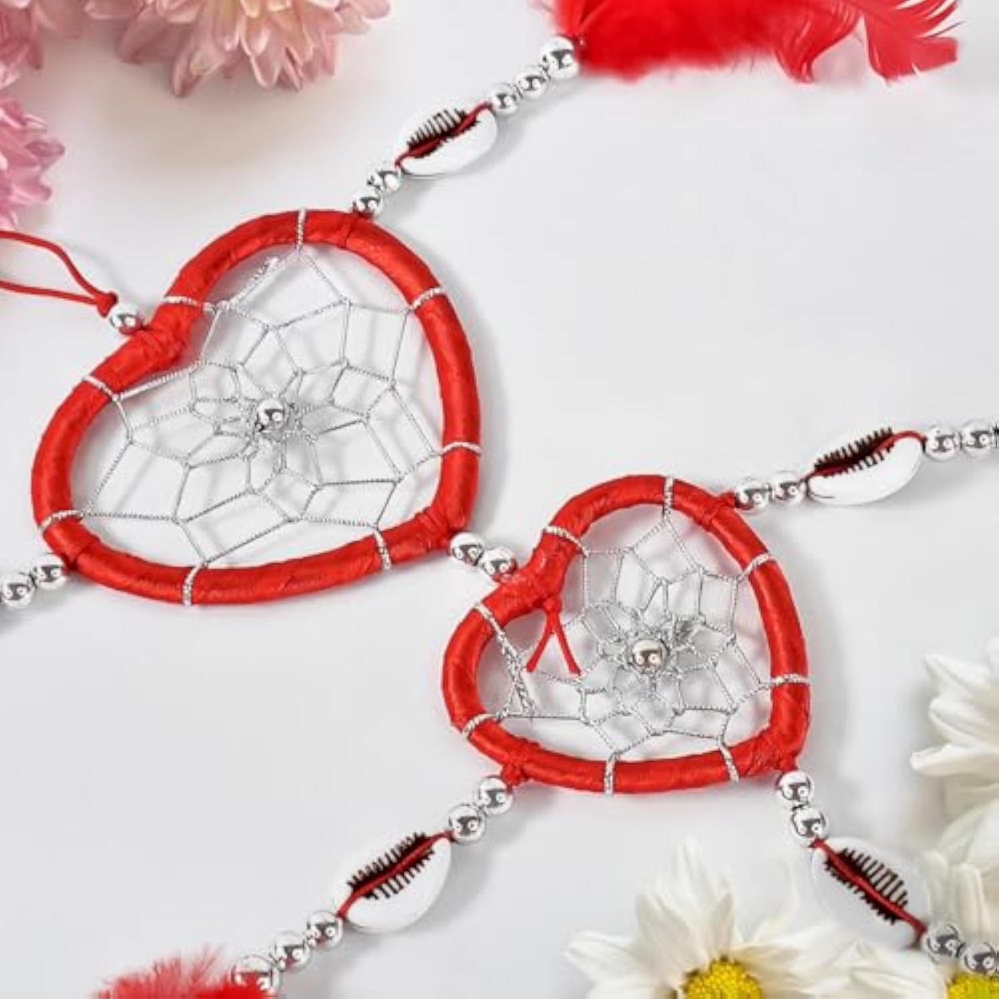 Heart-Shaped Dream Catcher with Red Feathers, Silver Beads