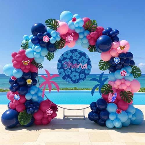 Hot Pink Blue Pink Balloon Garland Kit with Hawaii Ohana theme backdrop plam Hawaii card stickers for Summer Tropical aloha cartoon birthday party gender reveal Baby shower decorations