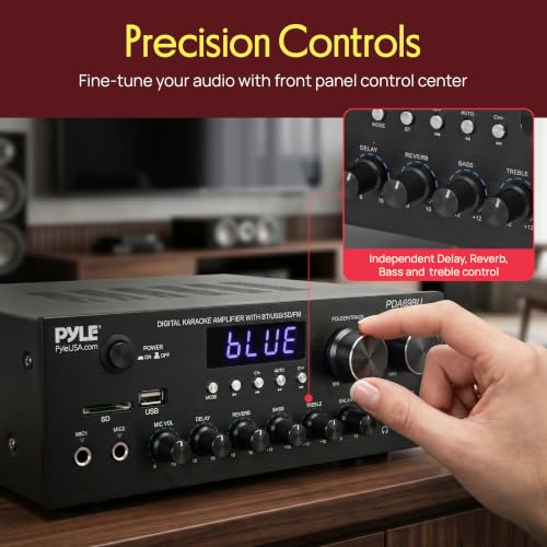 Image of Pyle Karaoke Amplifier - Bluetooth Stereo Receiver, Dual Mic Inputs with Delay & Reverb, USB /SD /FM, RCA /AUX Inputs, Bass & Treble EQ, Remote Included - PDA69BU.5