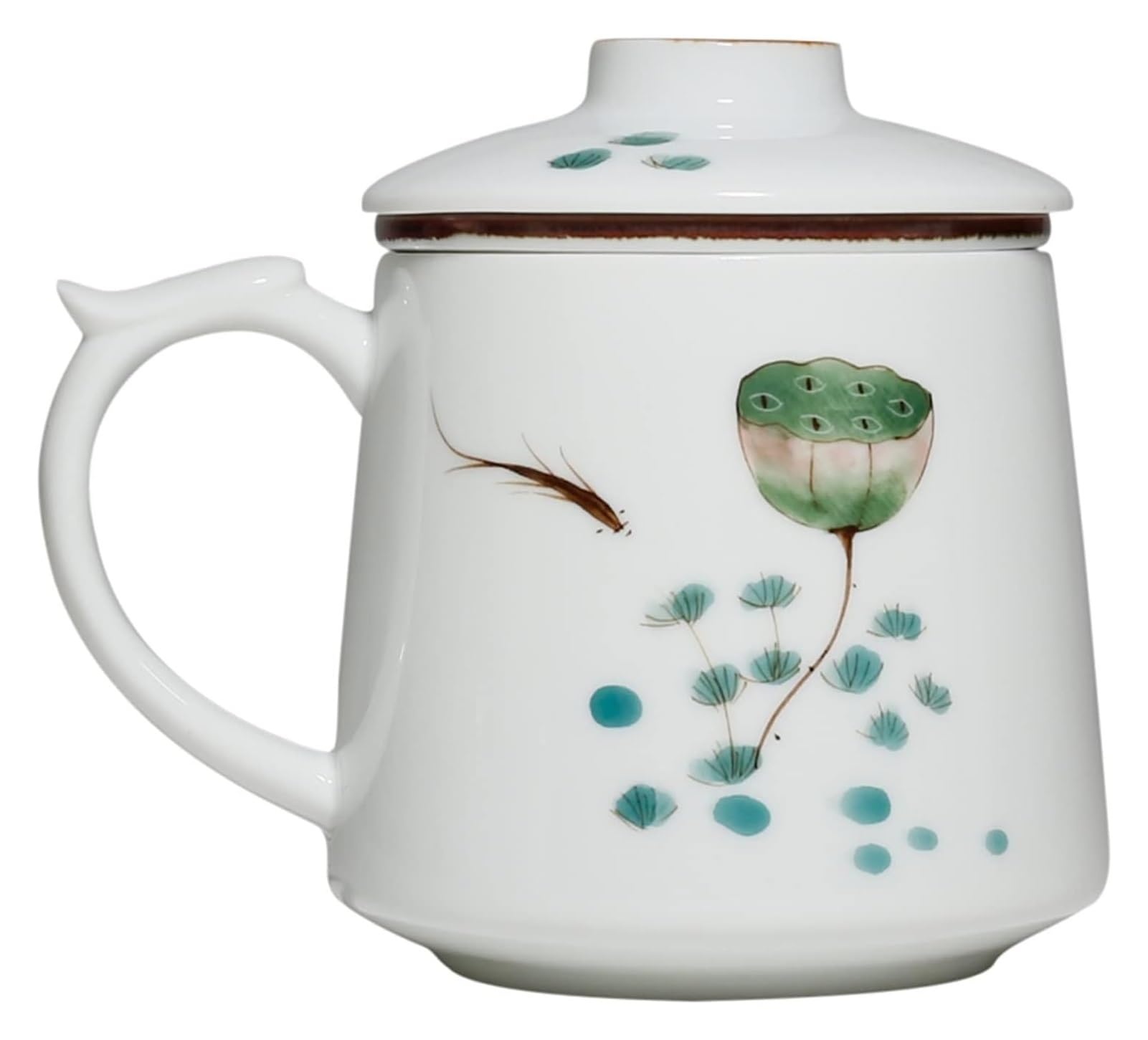 Taza infusora de té, taza de té de 400 ml, tazas de té de loto de cerámica pintadas a mano, taza de té de cerámica con infusión de hojas sueltas y tapa, regalos para amantes del té para mujeres