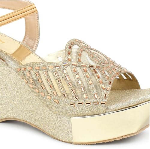 Image of Action Women's Glitter Platform Sandals| Block Heel|Cross-Strap Design with Ankle Strap| Bronze