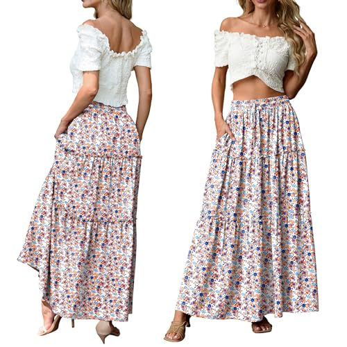 Image of Lepunuo Womens Casual Boho High Waisted Flowy Maxi Skirts Tiered Floral Long Skirts with Pockets for Summer Beach Vacation