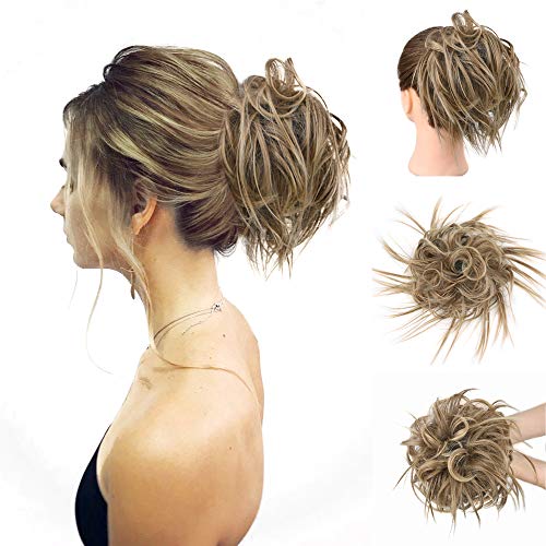 AISI QUEENS Tousled Updo Hair Piece Messy Bun Hair Extension Elastic Rubber Band Updo Extensions Hairpiece Synthetic Ponytail Hairpiece for Women 12/24(Light Golden Brown Mix Pale Golden Blonde Mixed)
