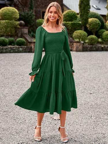 Image of Simplee Womens Long Sleeve Maxi Dress Casual Square Neck Smocked Flowy Fall Wedding Guest Dresses