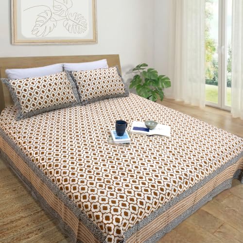 Image of TOAI Hand Block Printed Bedsheet | Bed Spread Flatsheet Bed Sheet | Pure Cotton | Queen Size 90 inchx108 inch | 210 TC Luxury Cotton | 2 Reversible Pillow Covers | Dabu Bagru | Earthy Jaal