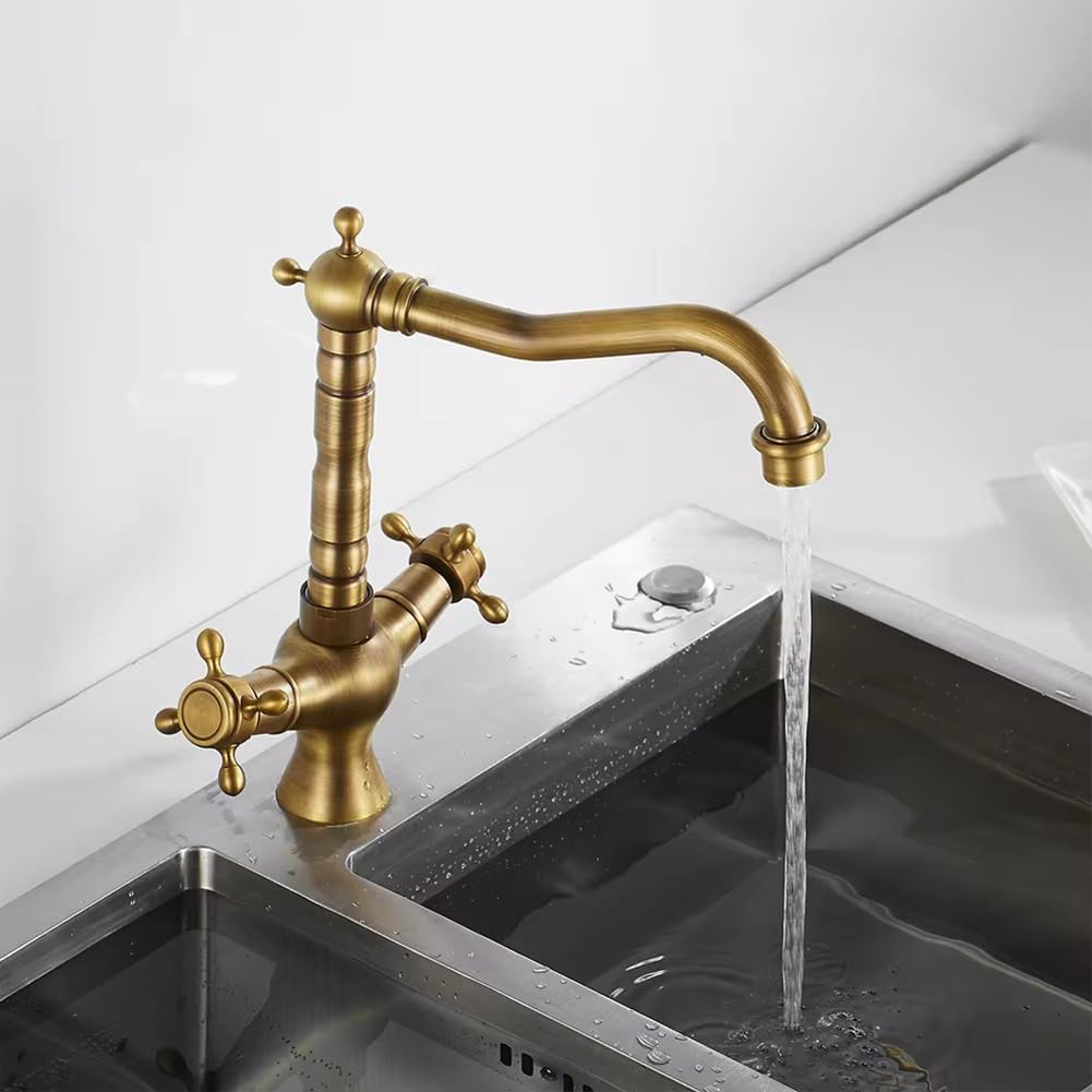 Grifo de cocina giratorio de 360°, latón antiguo, doble mango, ajuste de agua caliente y fría, grifo retro para fregadero para uso doméstico y recreativo