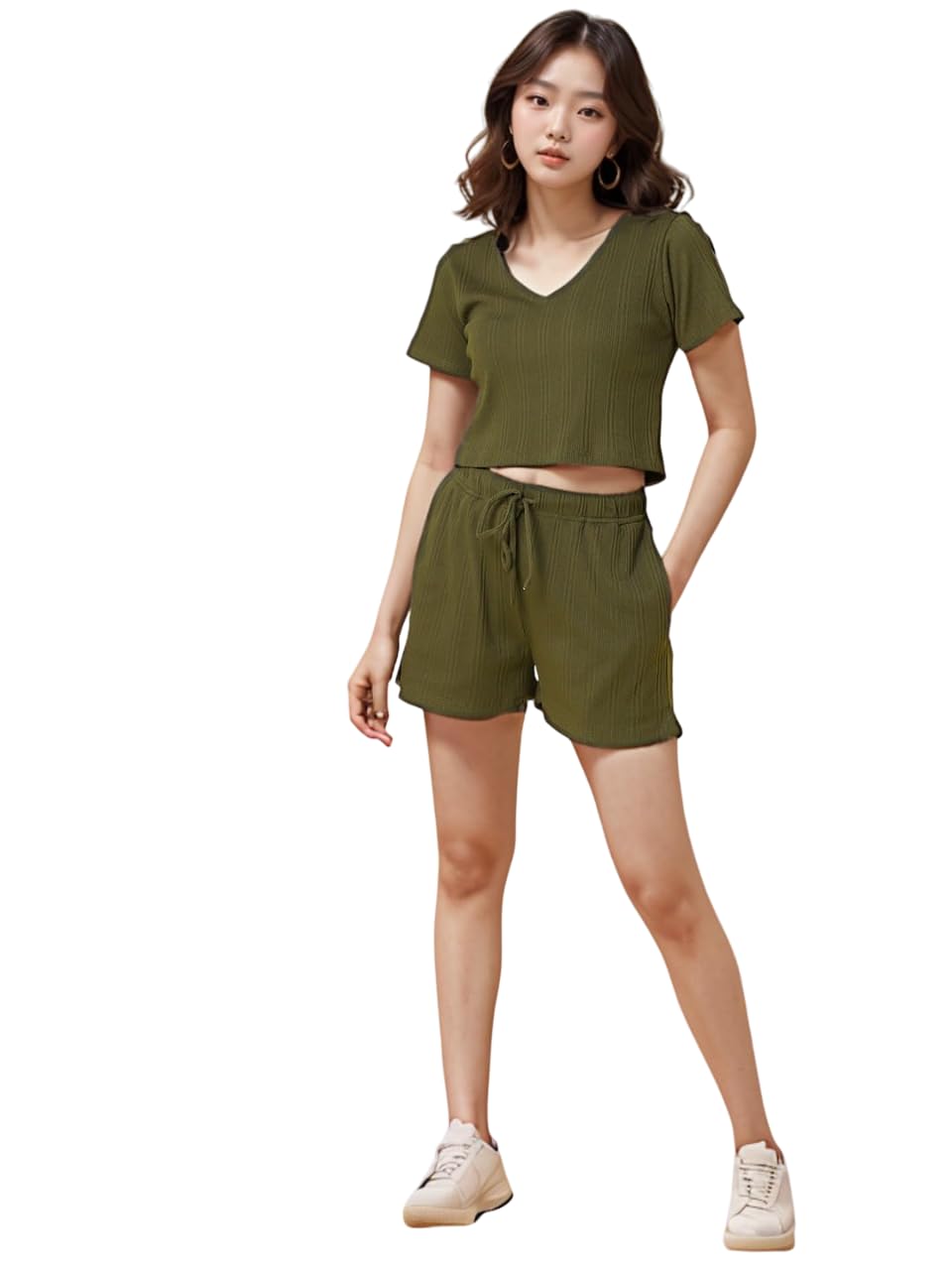 rigo Waffle Knit Top and Shorts Co-ord Set for Women | Round Neck, Half Sleeves | Stylish Dresses | Night Suit Set | Beach, Vacation, Lounge Wear (Olive-S)-picture-11