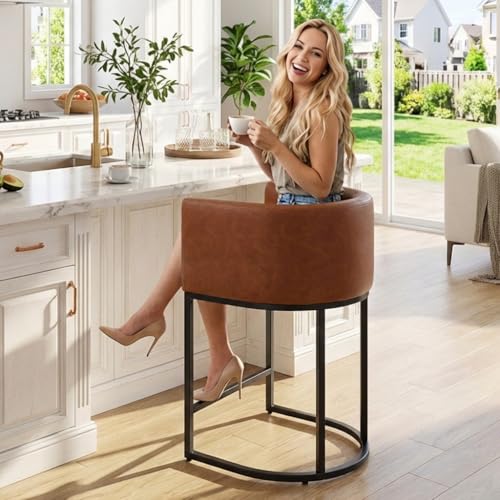 Image of HNY Modern Barrel Counter Height Bar Stool, 24 Inch Kitchen Bar Stool with Back, PU Leather Barstool Bar Height for Island with Black Metal Tubular Frame, Brown