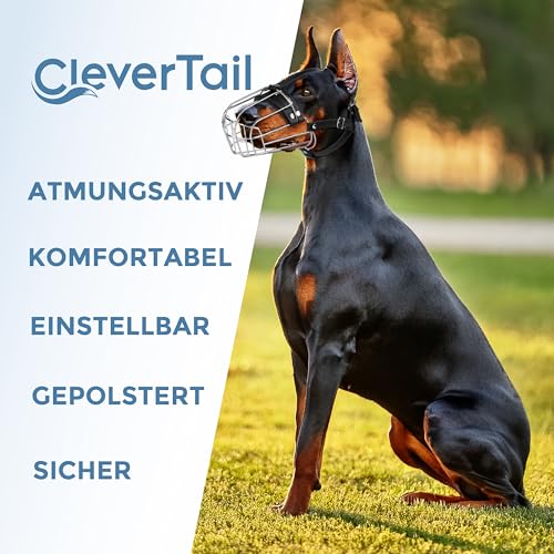 CleverTail Metall-Maulkorb für Dobermänner – Körbchen-Maulkorb gegen Bellen und Beißen – Stahl-Draht-Maulkorb für mittelgroße und große Hunde wie Dobermann, Collie, Malinois, Husky