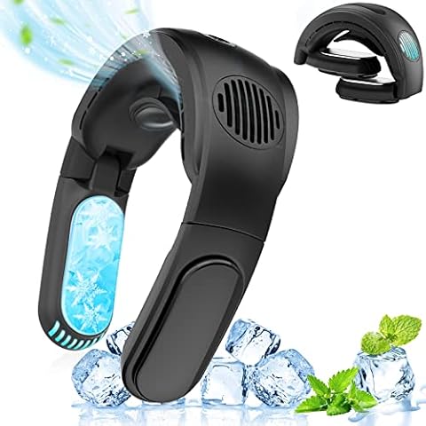 AMOVO Portable Neck Fan Hands Free, Bladeless Air Conditioner Fan 5000mAh Battery Rechargeable USB Fan, 3 Levels Speed & Temperature Adjustable, Wearable Personal Fan for Cooling (Cooling Fan, Black) Cover