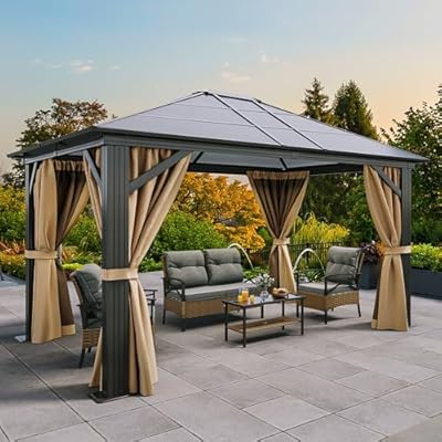 YITAHOME 10x12 Polycarbonate Gazebo Hardtop Outdoor Canopy with Netting and Shaded Curtains, Aluminum Frame Garden Tent for Patio, Backyard, Deck and Lawns, Brown