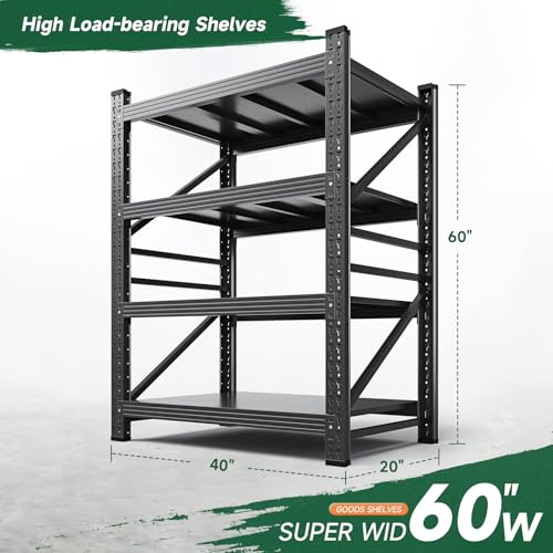 Image of Letaya 2000LBS Storage Shelves Heavy Duty,60 inch H Garage Shelving, 4 Tier Adjustable Utility Display Stands,for Shop,Warehouse,Basement,Black (40 inch W x 20 inch D x 60 inch H)