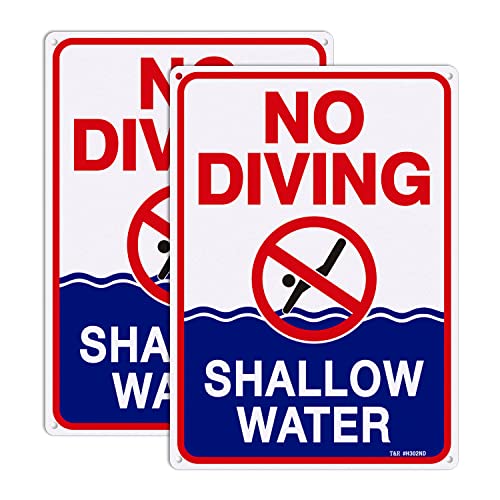 T&R No Diving Sign Shallow Water - 2 Pack - 14x10 .040 Rust Free Heavy Aluminum Reflective Waterproof Weatherproof and Fade Resistant 4 pre-drilled holes Easy to Mount